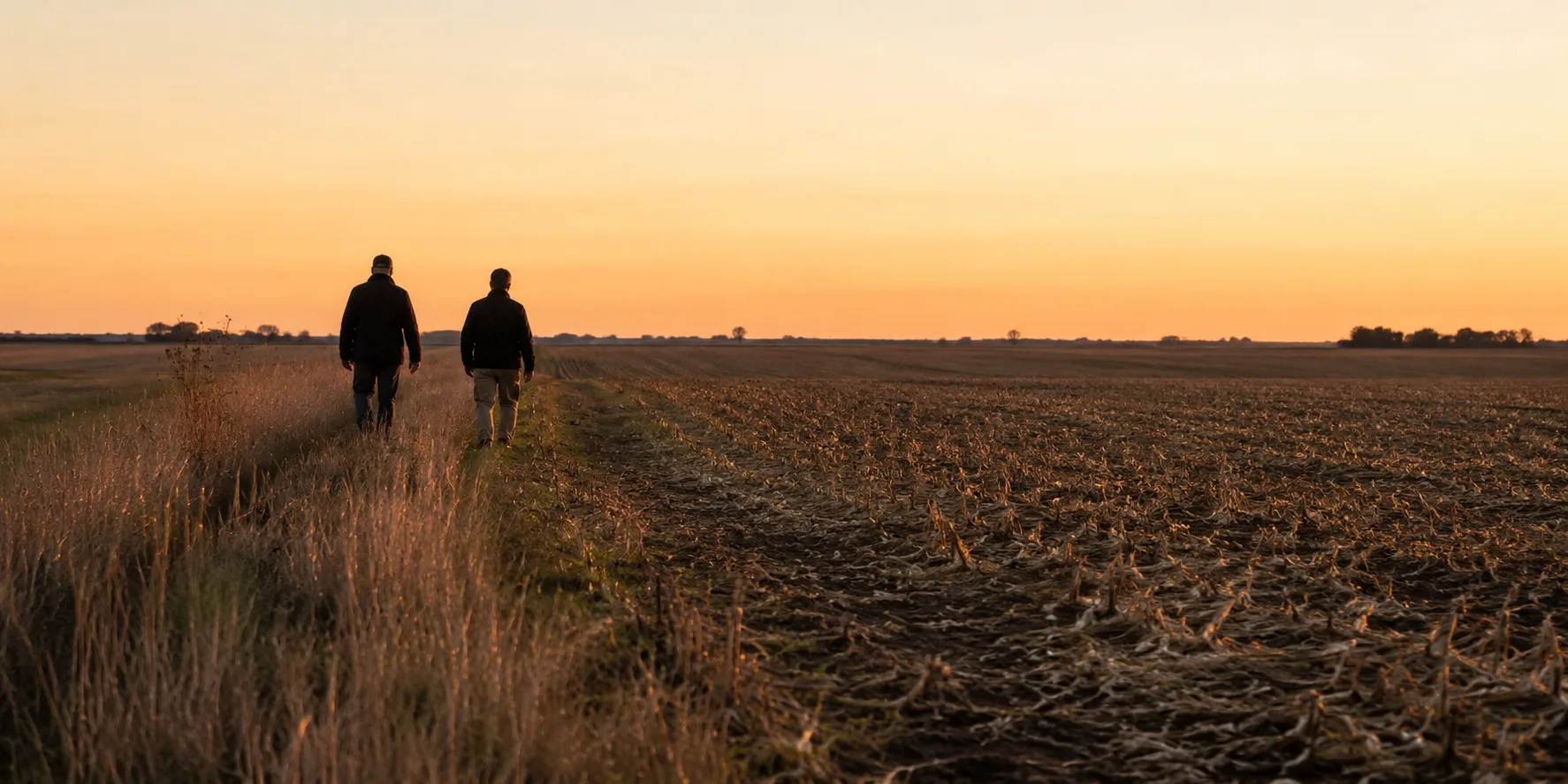 Personas caminando campo al atardecer