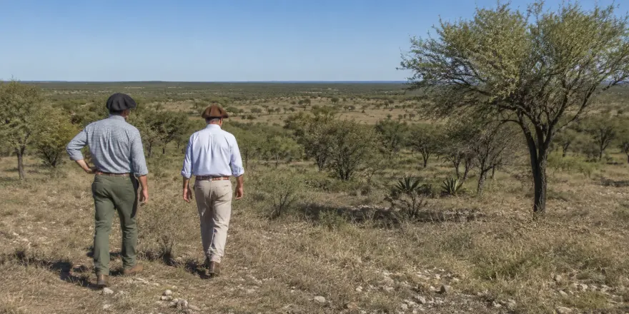 Dos personas evaluando un rancho